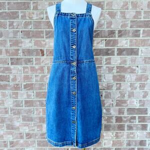 Free People Overall Dress Button Front Midi Pinafore Blue Denim Size 12